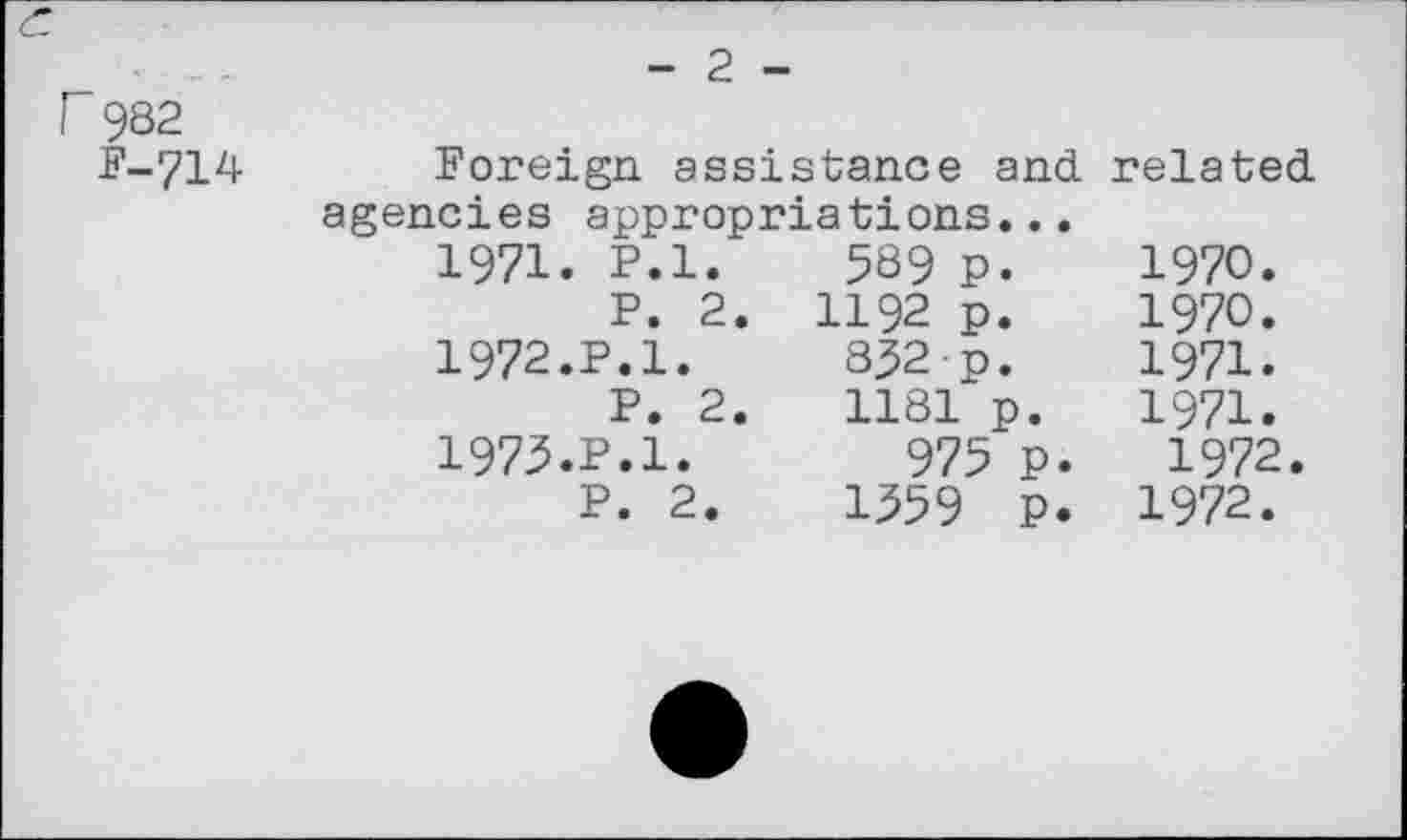 ﻿c
r 982
F-714
- 2 -
Foreign assistance and related agencies appropriations...
1971.	P.l.	5S9 p.	1970.
P. 2.	1192 p.	1970.
1972.	P.l.	832 p.	1971.
P. 2.	1181 p.	1971.
1973.	P.1.	975 p. 1972.
P. 2.	1359 P. 1972.